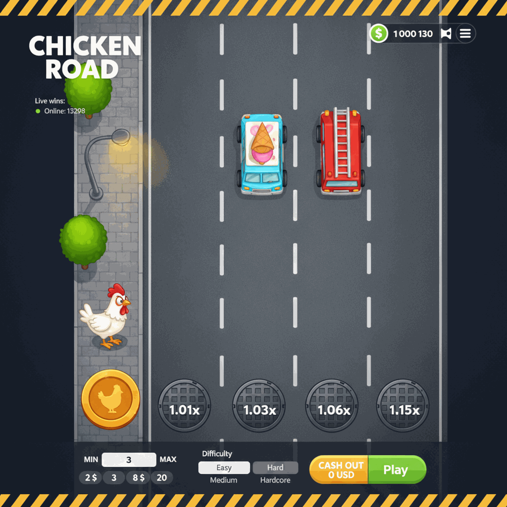Chicken Road crash game showing a cartoon chicken character on an urban sidewalk preparing to cross a multi-lane motorway with manhole covers displaying multiplier values on each lane, developed by InOut gaming provider