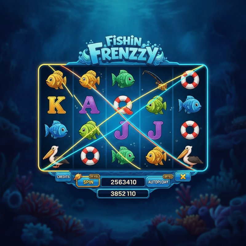 Fishin Frenzy gameplay showing coloured paylines across the five-reel three-row grid