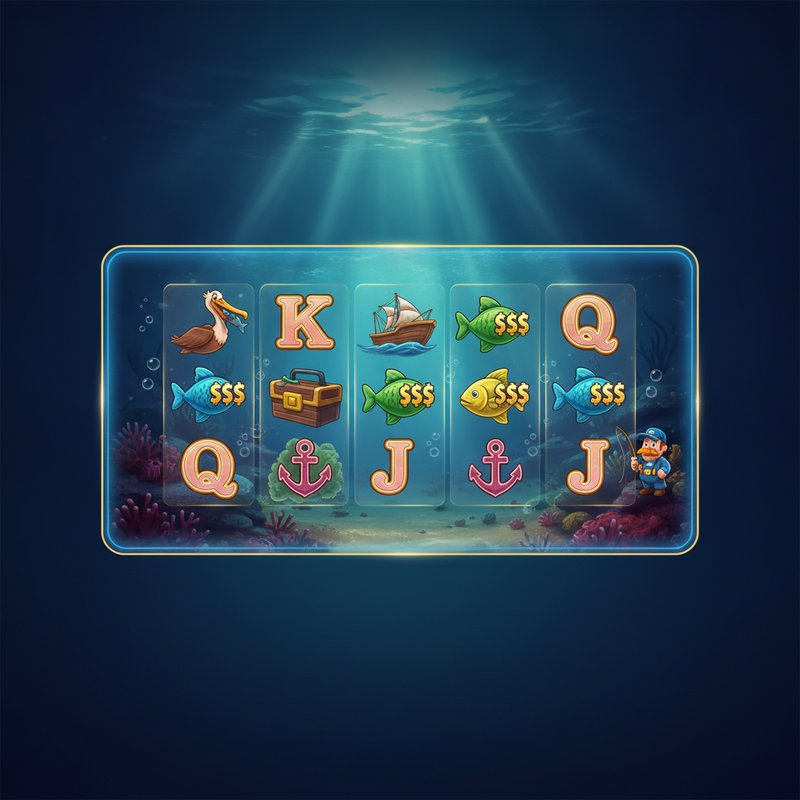 Fishin Frenzy slot main screen with ocean background and reels showing pelican, boat scatter and fish symbols