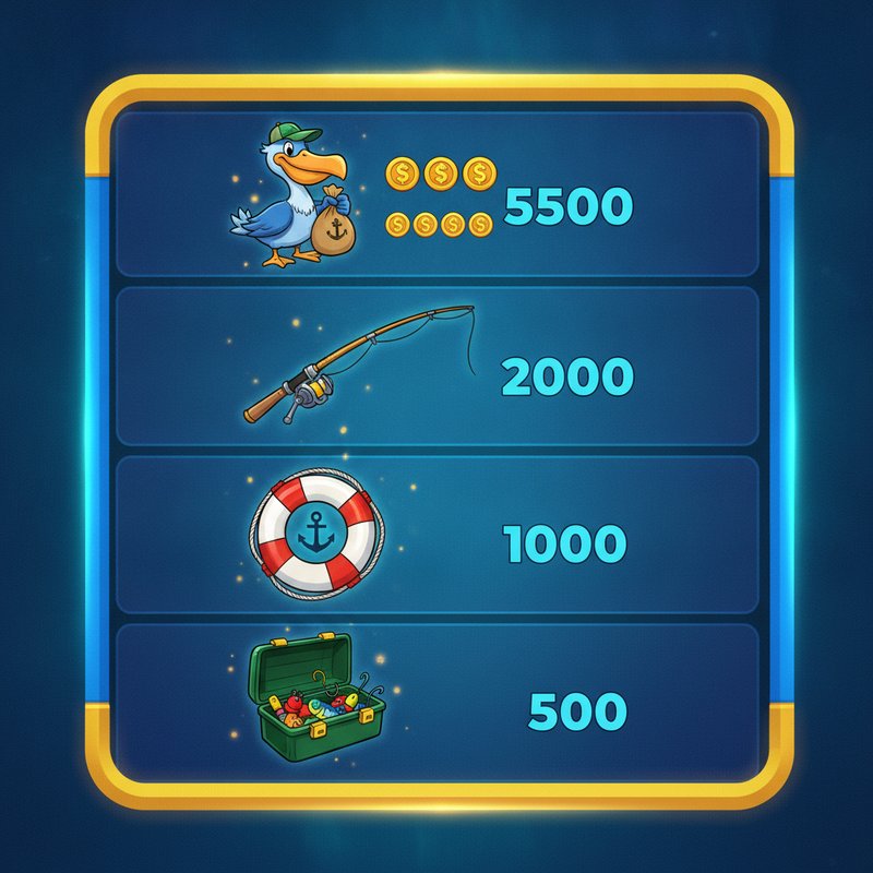 Fishin Frenzy paytable showing pelican, fishing rod, life preserver and tackle box symbol payouts